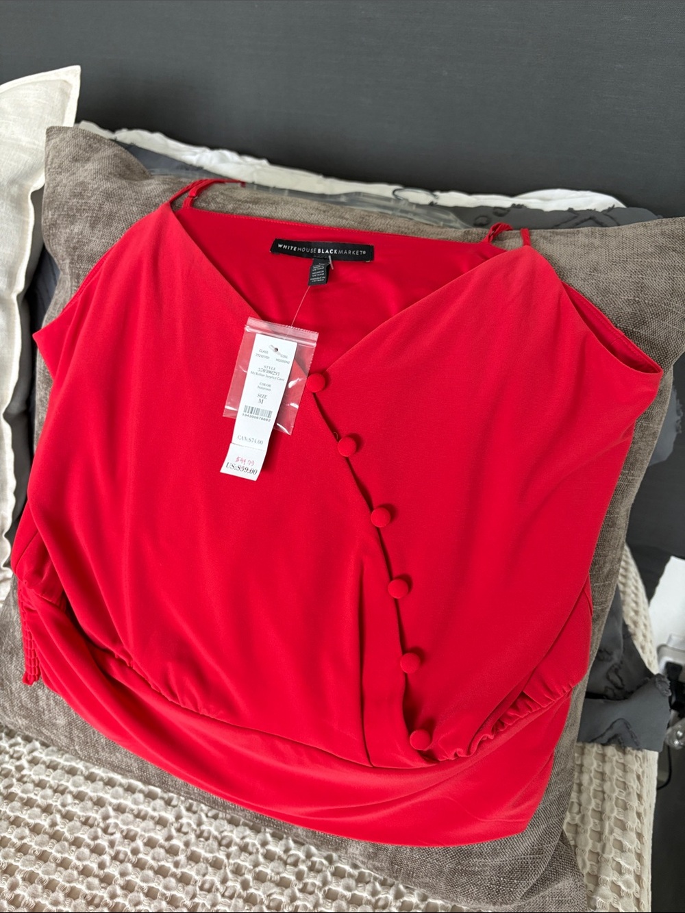 White House Black Market Red Sleeveless Blouse with Covered-Button Trim